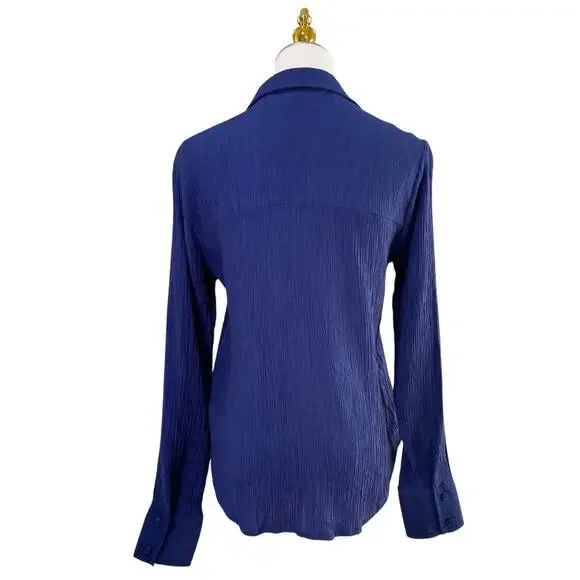 50th Street Petite Navy Blue Crinkle Long Sleeve Button Front Blouse Size PS - Picture 9 of 11